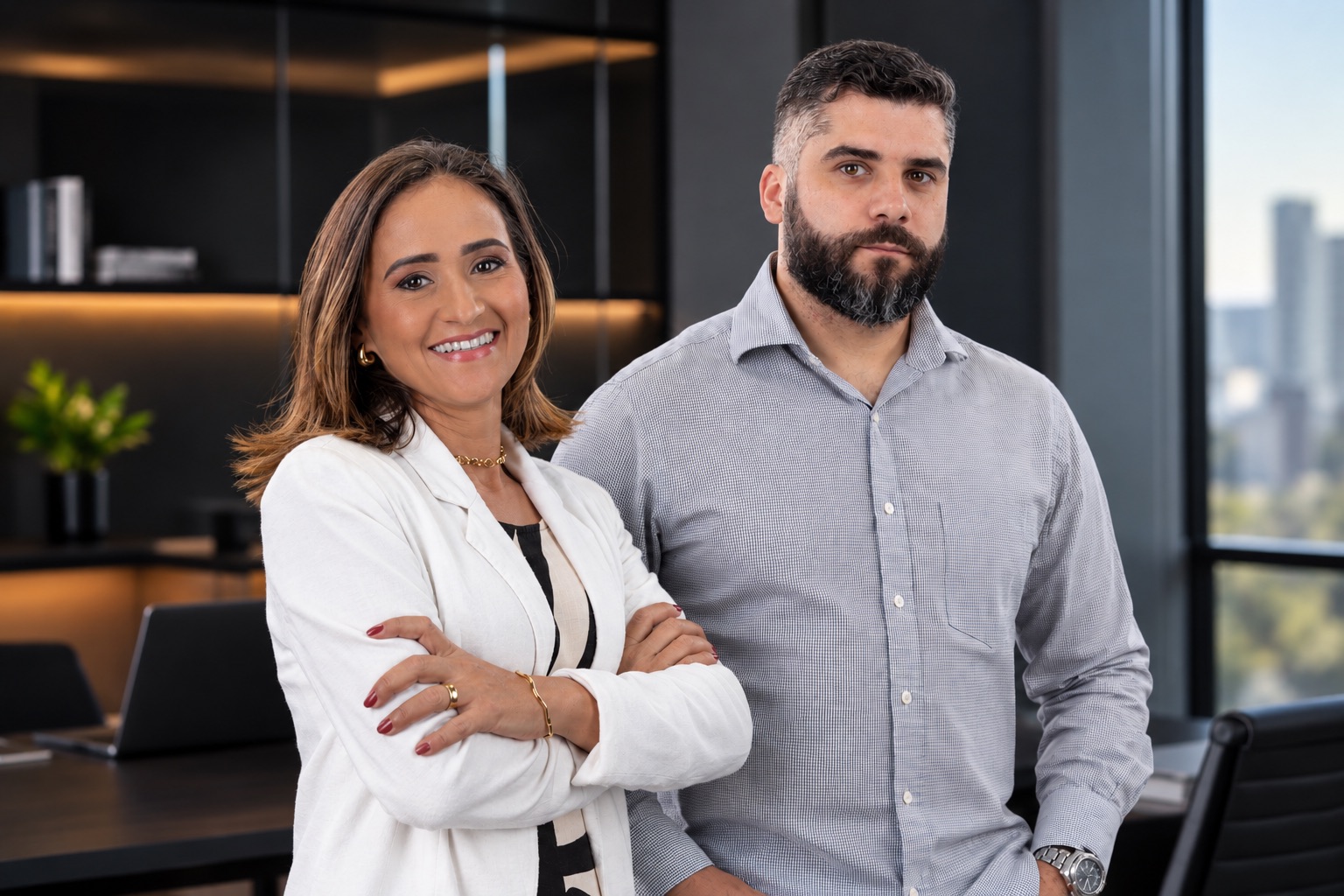 Os dois sócios da RET Gestão Financeira lado a lado no escritório
